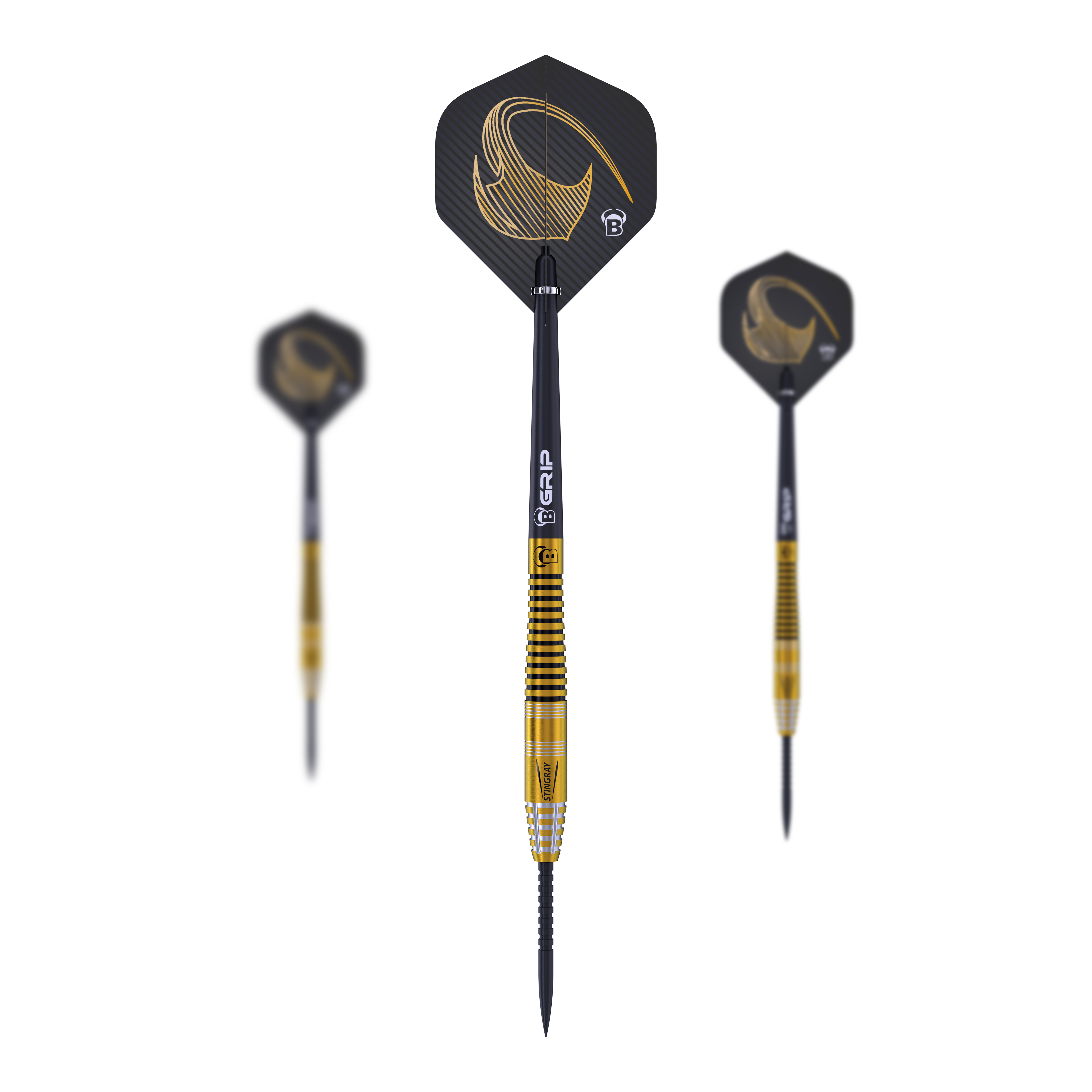 Das Bild zeigt drei Steeldarts des Modells "Bulls Stingray ST3". Die Darts haben ein schwarzes und goldenes Design mit geriffeltem Griffbereich.